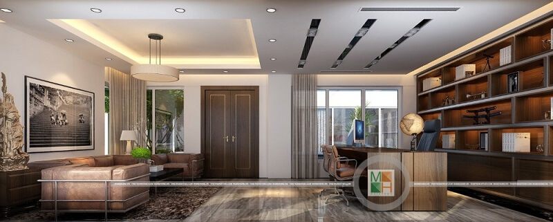 . Nội thất văn phòng hiện đại bao gồm sofa da cao cấp, bàn làm việc gỗ tự nhiên và kế sách ốp tường đẹp. Bố trí hài hòa của nó tạo nên một không gian làm việc lý tưởng.